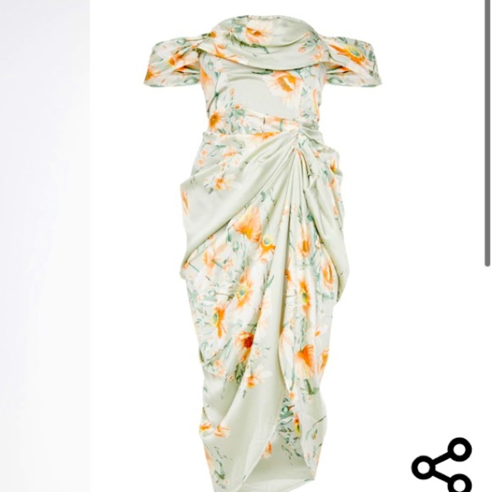 Sage Green Floral Print Satin Draped Bardot Midi Dress